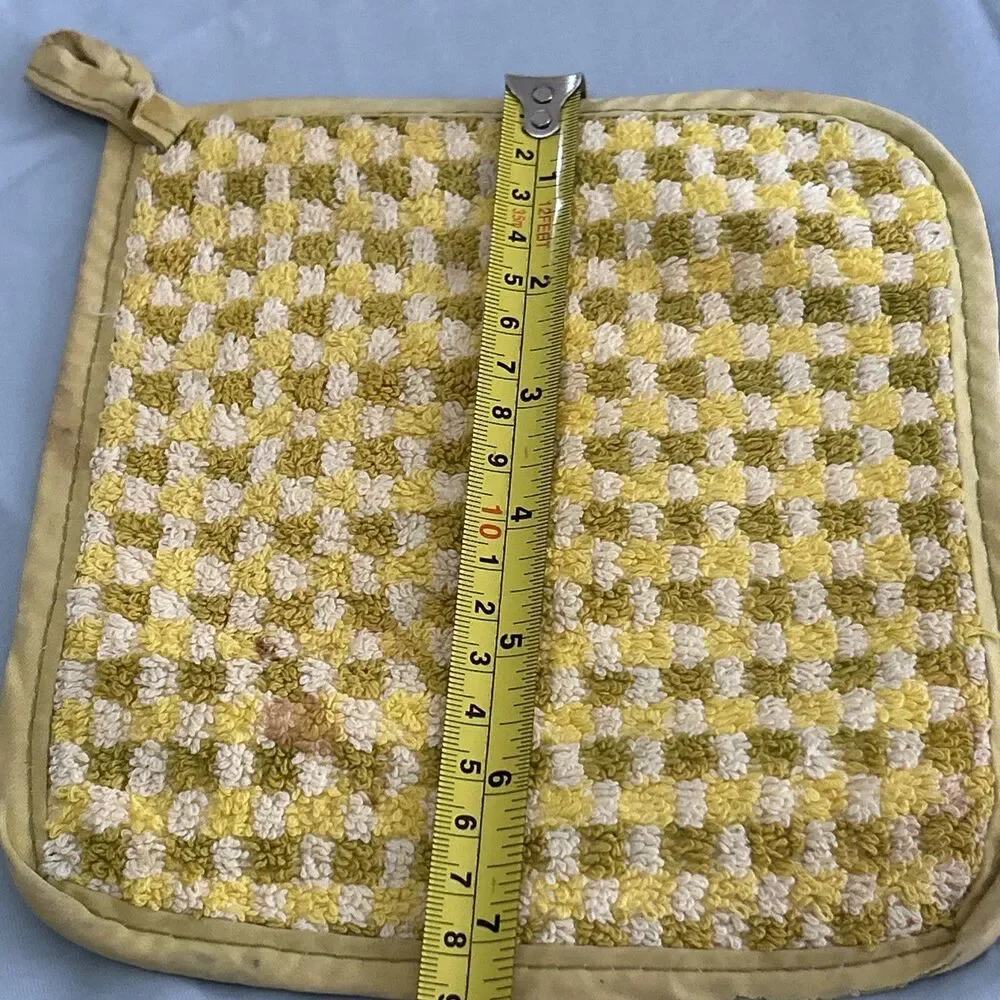 Vintage Cannon USA Cotton Terry Potholders Mustard Checkered 1970’s Distressed